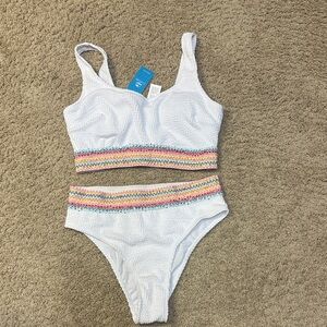 Cupshe White high waist Bikini with Colorful Zigzag Trim
